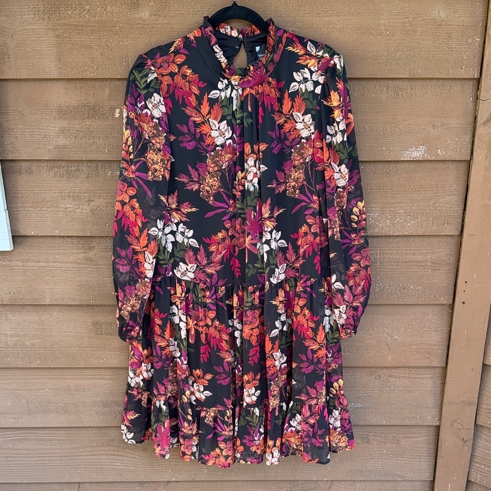 Maison Tara Black and Multicolor Floral Long Sleeve Dress